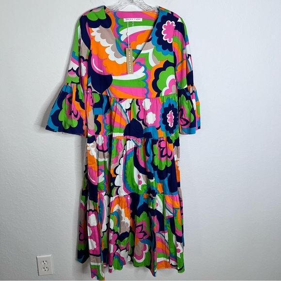 Trina Turk Midi Dress Womens XS Flower Power Retro Flowy Bell Sleeve B19 - Picture 2 of 9